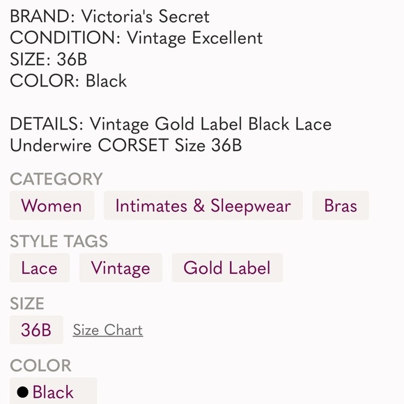 Victoria’s Secret Gold Label Black Lace Corset 36B Vintage Bustier Made in USA - Picture 15 of 15